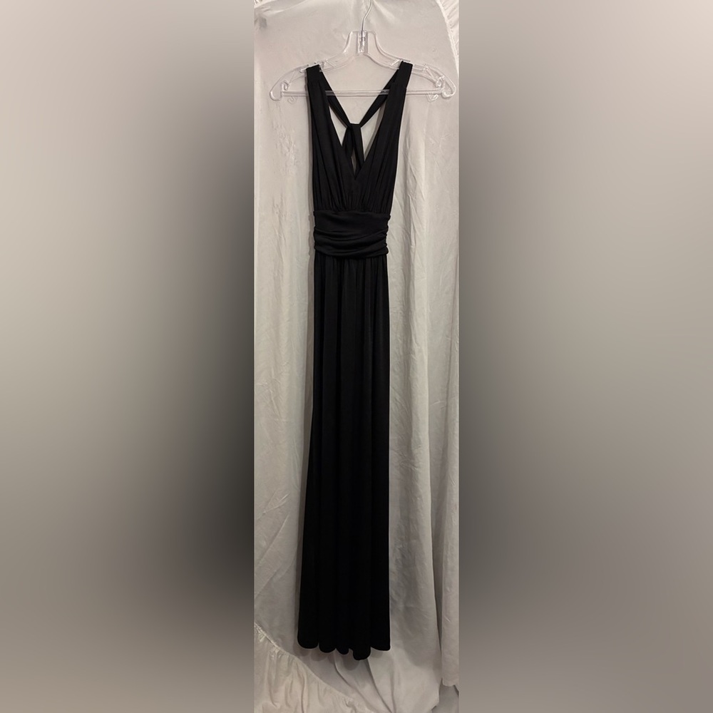 Vintage Express Deep V-Neck Crisscross Back Ruched Waist Maxi Dress